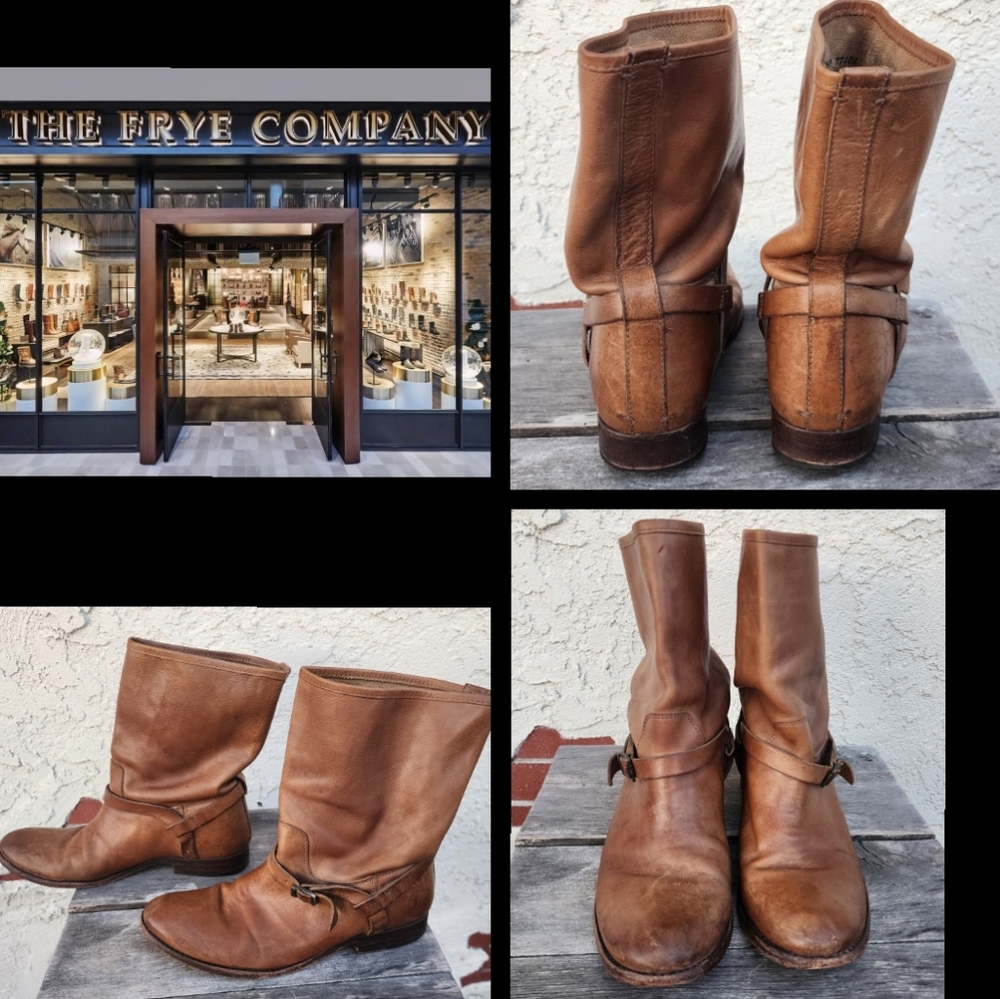 8 1/2 B women FRYE short mid-calf ankle strap low heel brown harness boots 77106